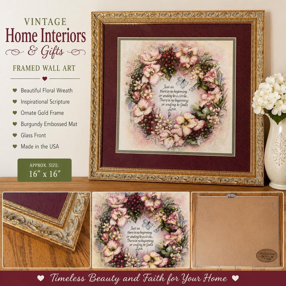VTG Home Interiors Floral Wreath gold Framed Wall Art Christian Scripture Glass